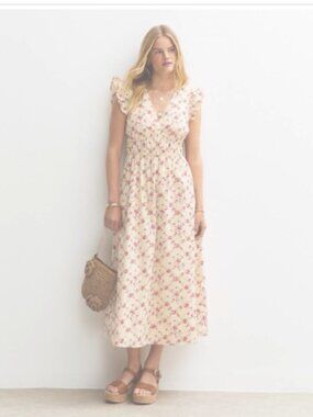 New Look Floral Ruffle Sleeve V-Neck Midi Dress